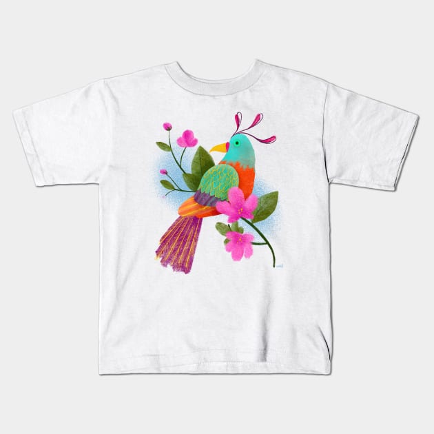 Colorful tropical bird with flowers and colorful feathers Kids T-Shirt by Sgrel-art